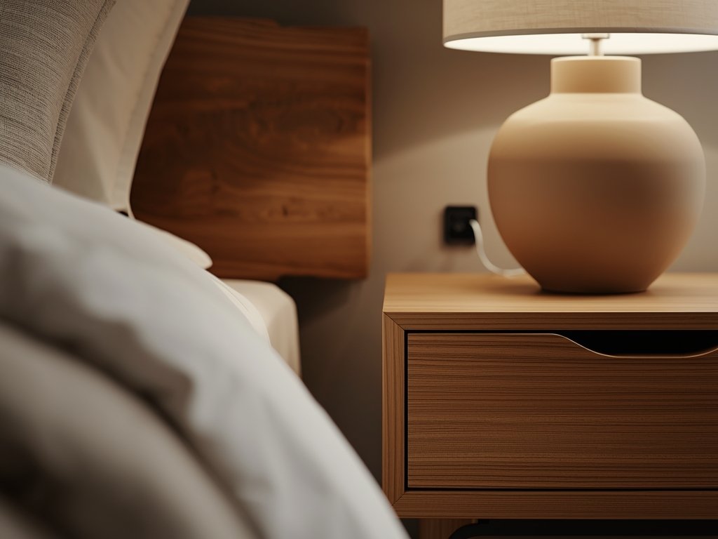 A close-up of a wooden bedside table with a smooth