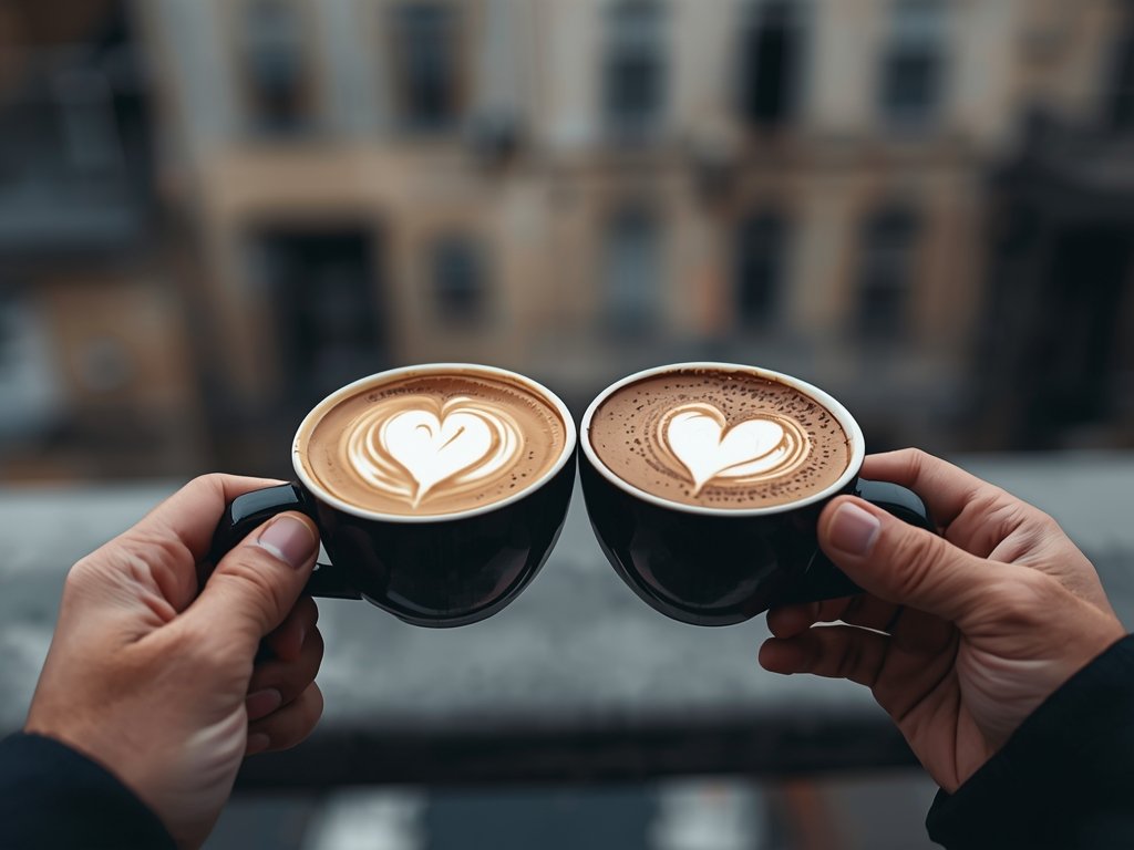 A close-up of two hands holding coffee cups, one with