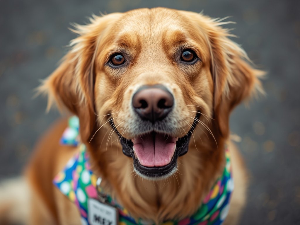 A close-up portrait of a golden retriever named Max, with