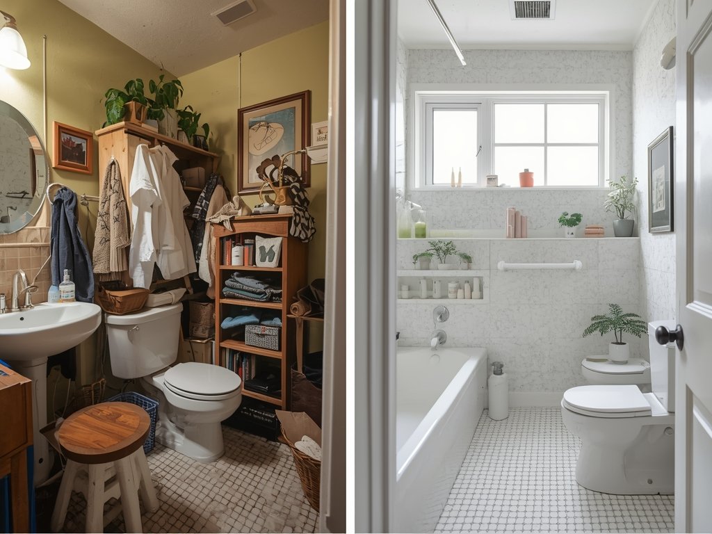 A cluttered bathroom with mismatched decor, harsh lighting, and poor