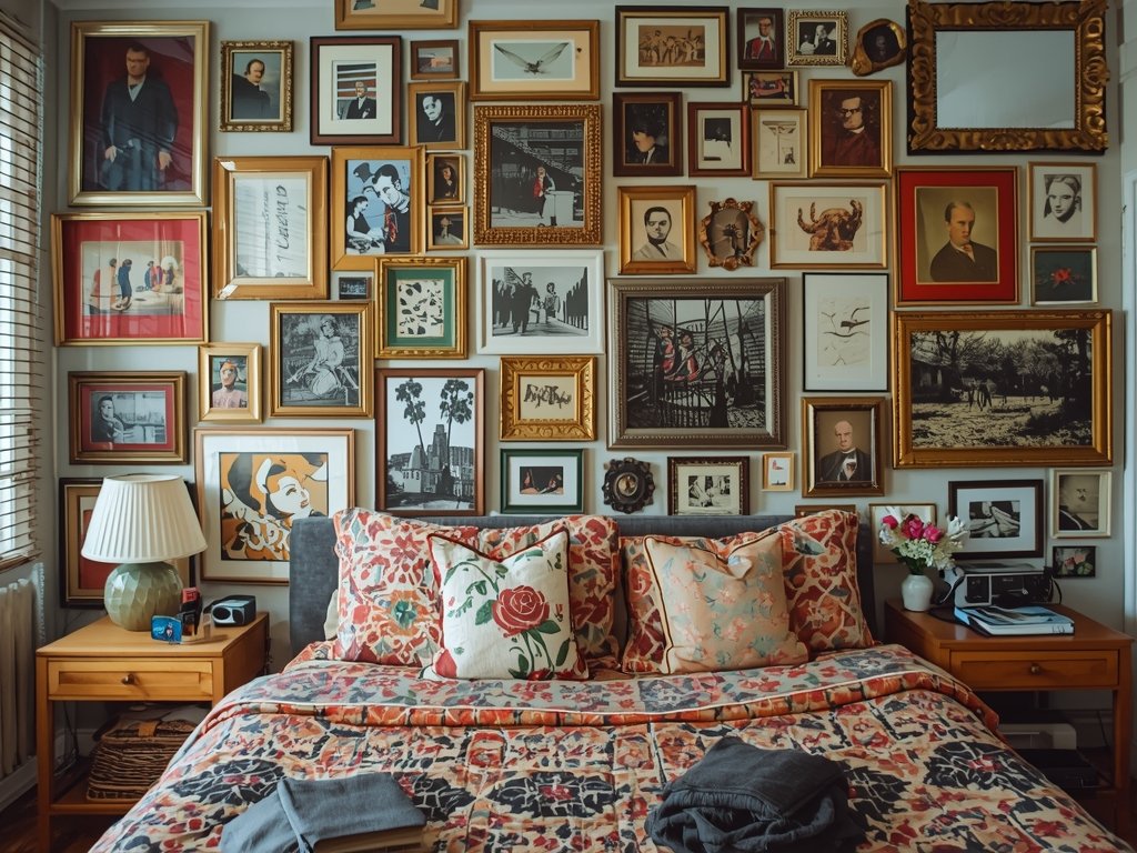 A cluttered bedroom wall with mismatched frames, overly busy patterns,