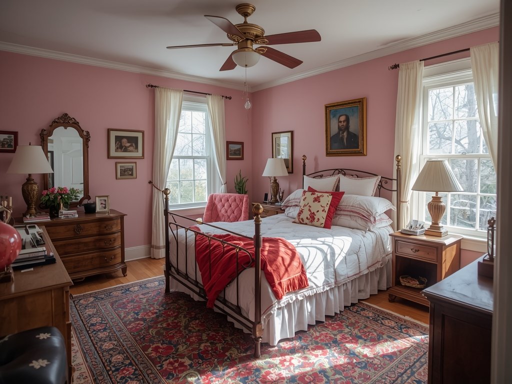 A cluttered bedroom with mismatched decor, harsh lighting, and overly