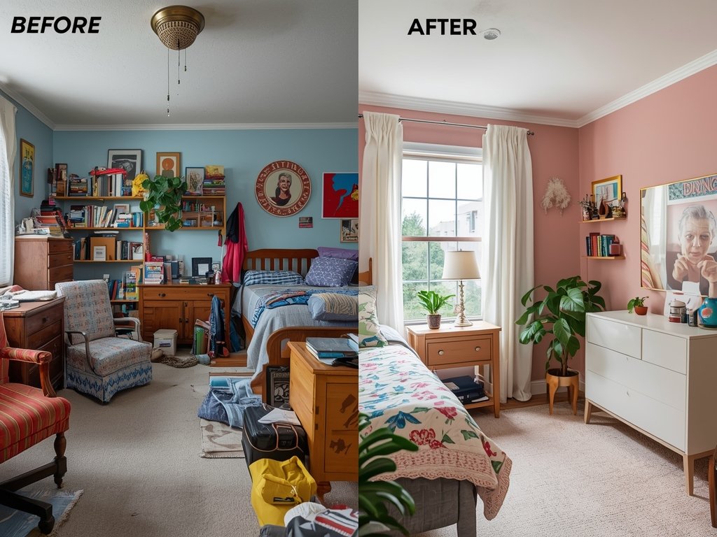 A cluttered bedroom with mismatched furniture, overly bright colors, and