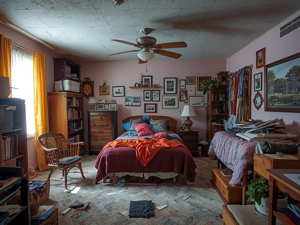 A cluttered bedroom with too much furniture, mismatched colors, and