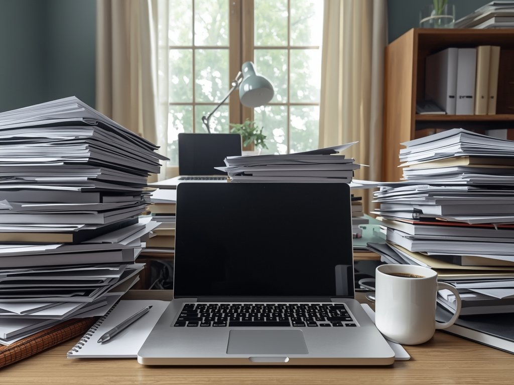 A cluttered home office with a laptop, coffee mug, and