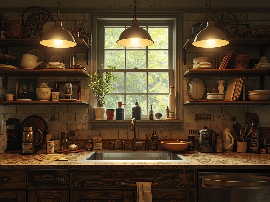 A cluttered kitchen counter with mismatched decor, harsh overhead lighting,