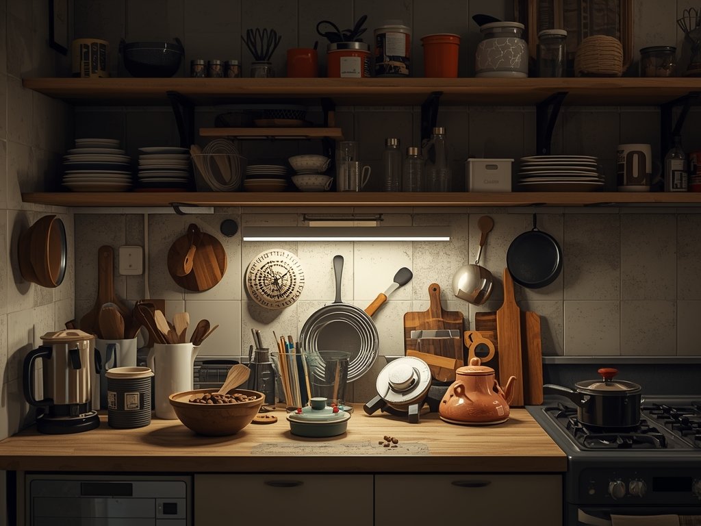 A cluttered kitchen countertop with mismatched accessories and poor lighting.