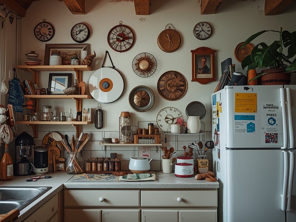 A cluttered kitchen wall with mismatched décor items, illustrating common