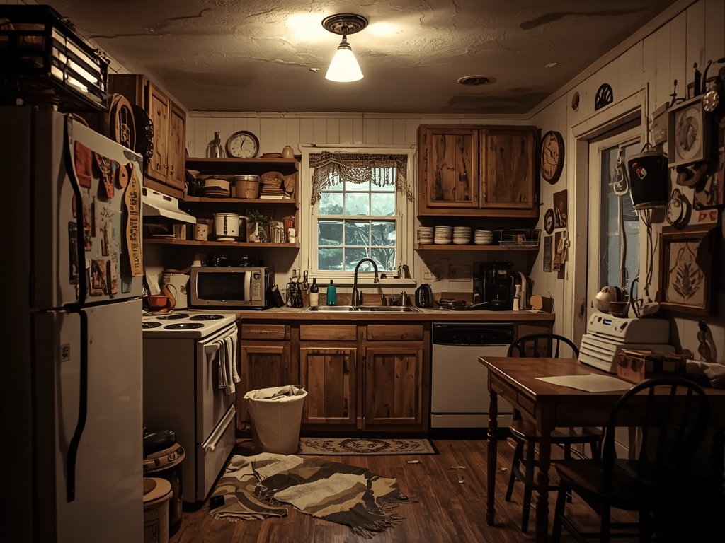 A cluttered kitchen with mismatched styles, poor lighting, and inadequate