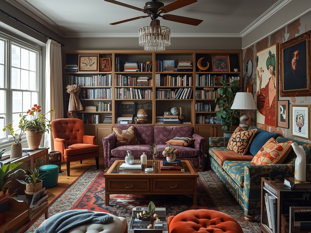 A cluttered living room with mismatched Afro-Bohemian decor, overwhelming patterns,