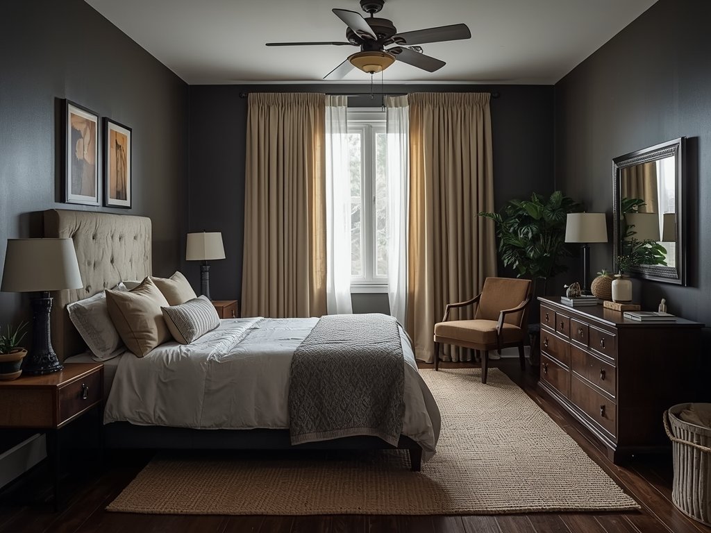 A cluttered small bedroom with oversized furniture, dark walls, and