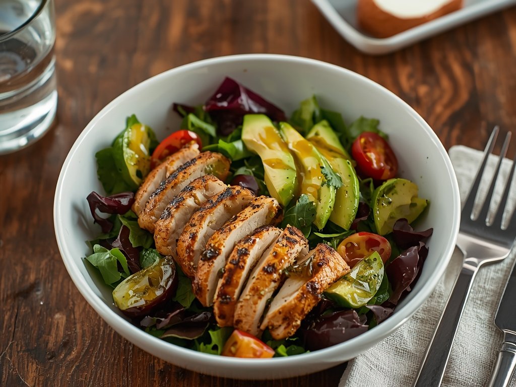 A colorful bowl of salad with grilled chicken, avocado, and