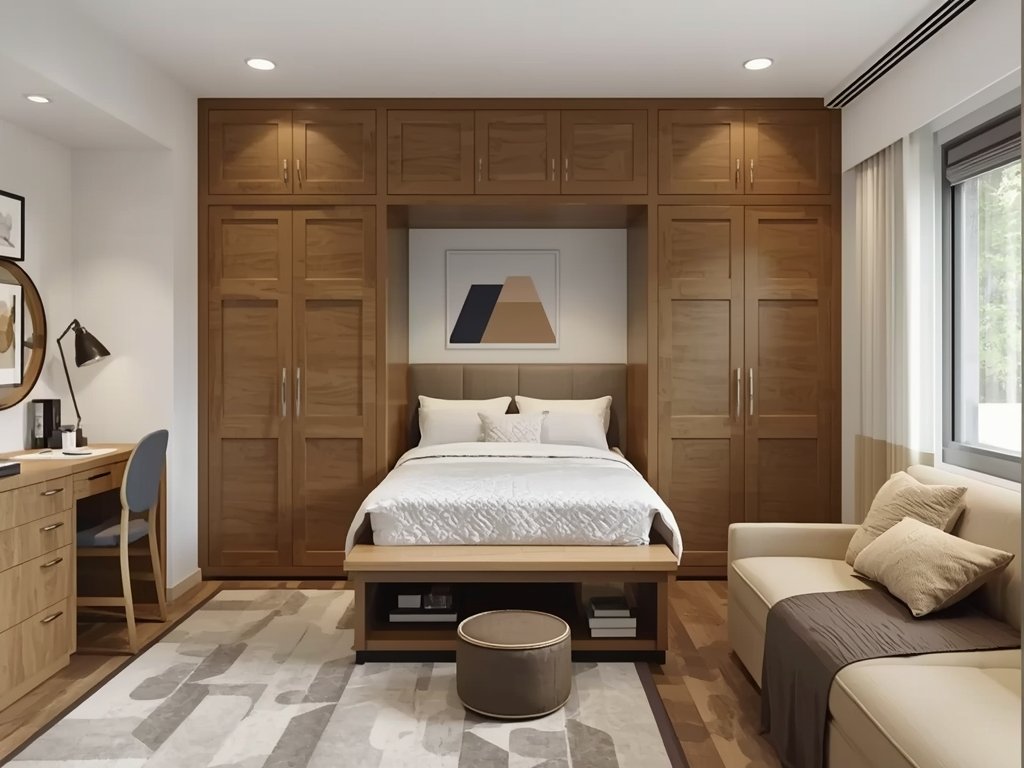 A compact bedroom featuring a Murphy bed folded into a
