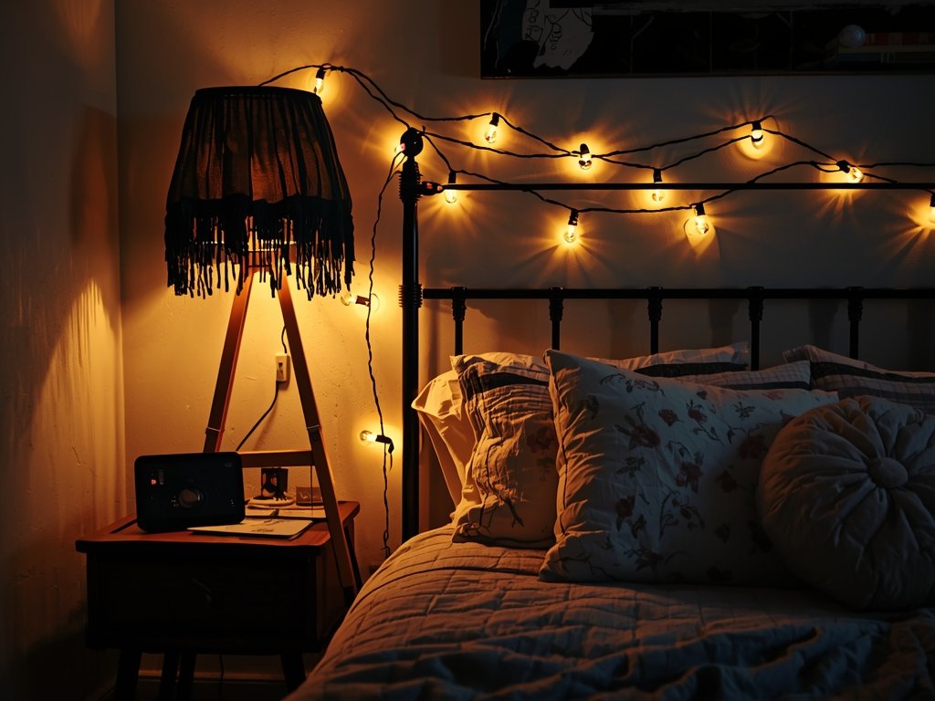 A cozy bedroom corner with a thrifted floor lamp, string