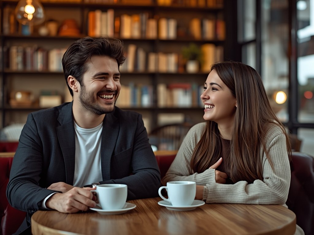A cozy café interior with a man and woman laughing