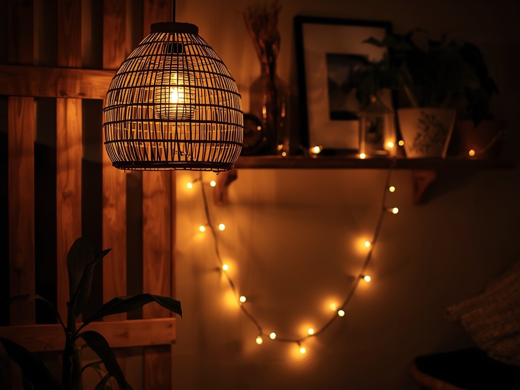 A cozy corner with a rattan pendant light, a woven