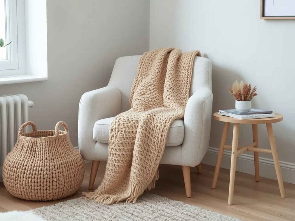 A cozy living room corner with a soft, neutral color