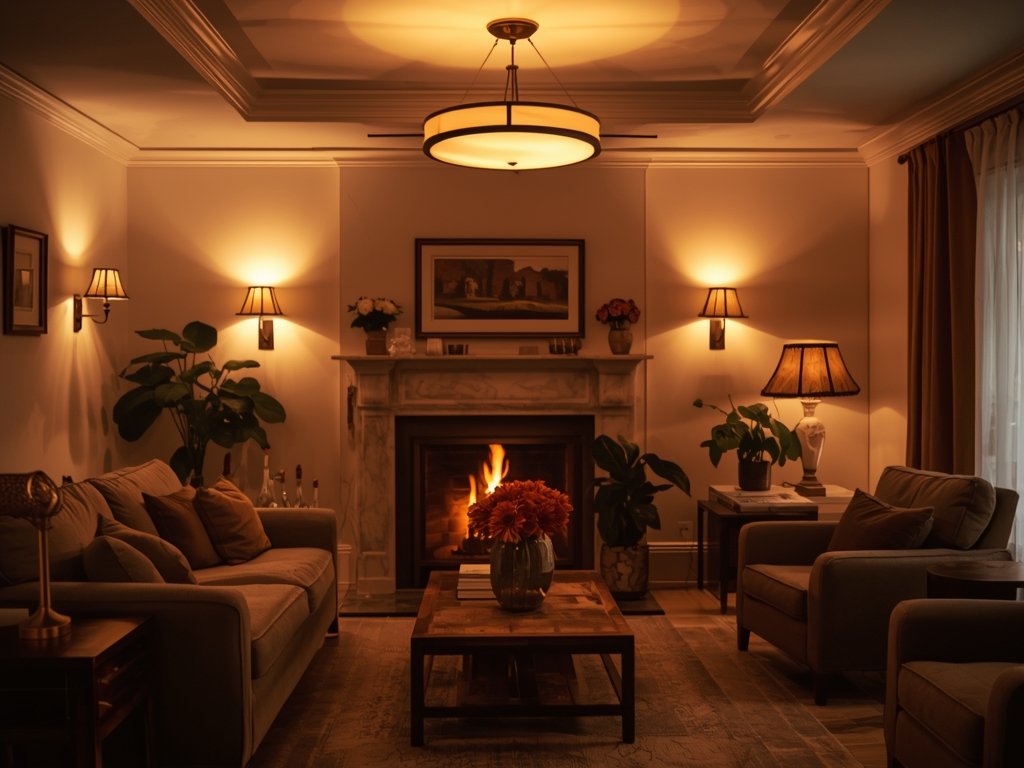 A cozy living room scene with soft, diffused ambient lighting