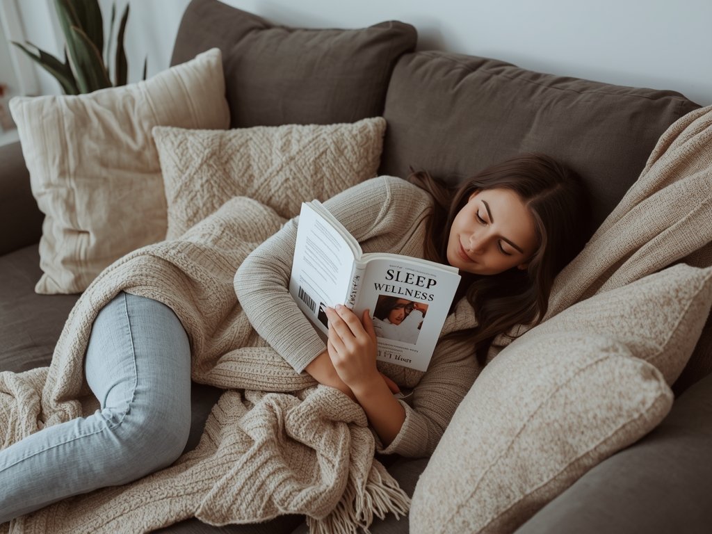 A cozy living room scene with Sarah curled up on