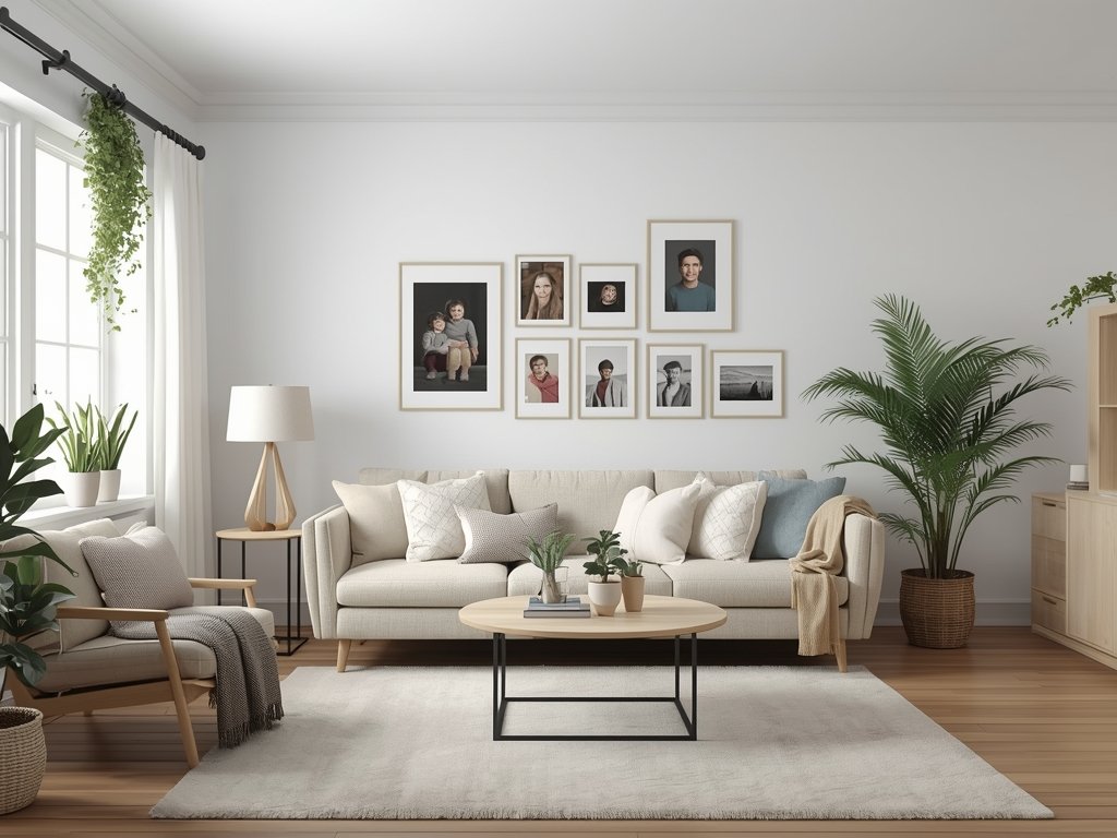 A cozy living room with personal touches, including family photos,