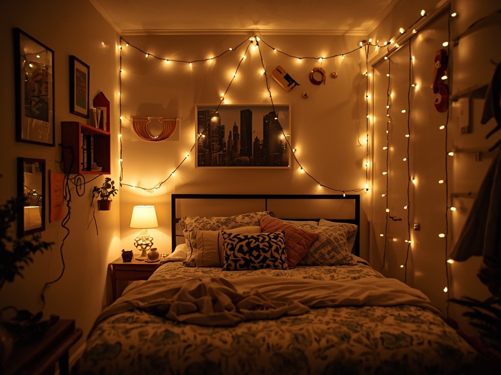 A cozy small bedroom with a combination of overhead lighting,