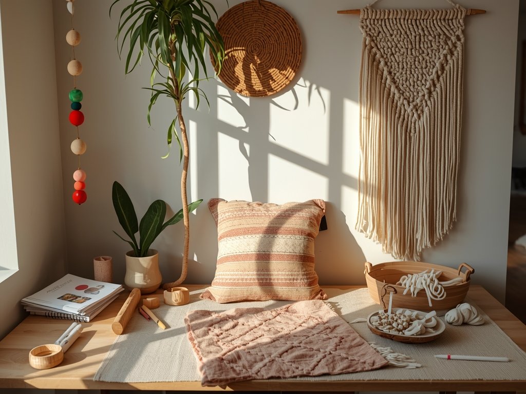 A craft table with DIY projects in progress: a painted