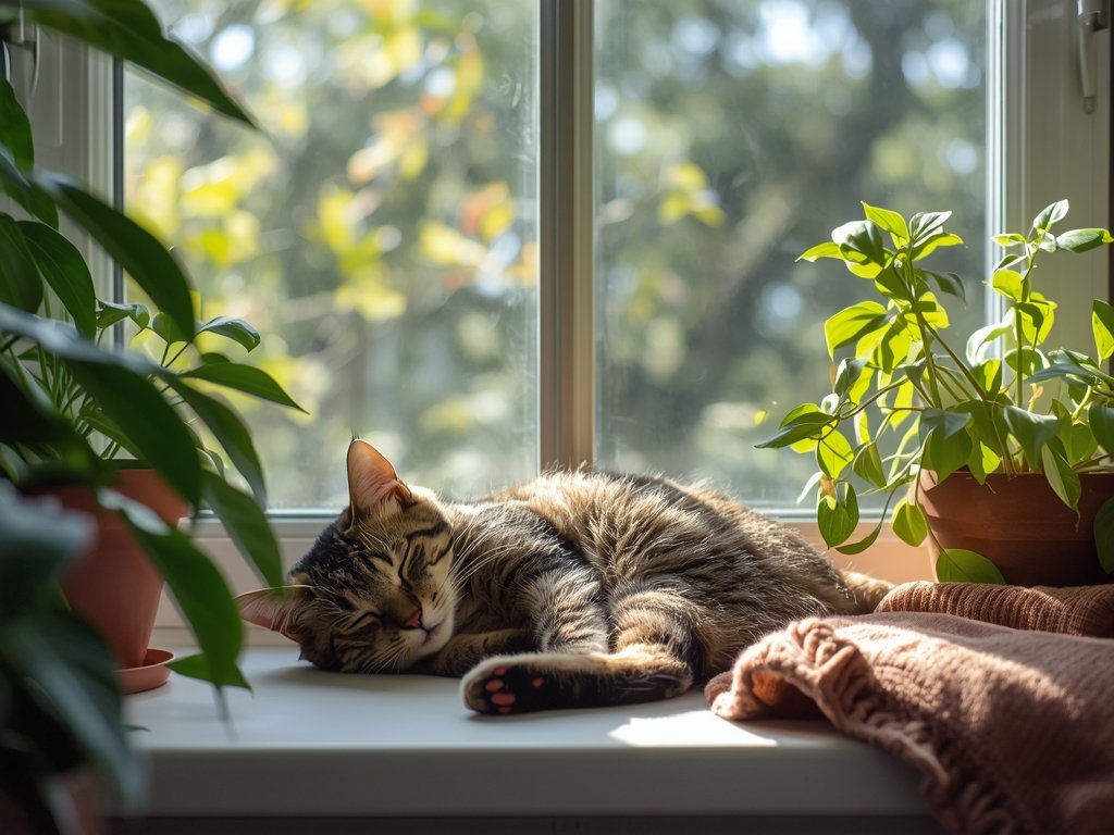 A curious tabby cat sleeping soundly on a sunlit windowsill,