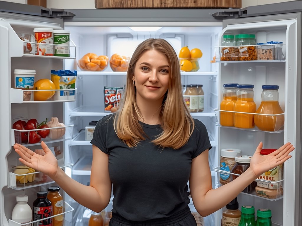 A determined Sarah standing in front of her fridge, filled
