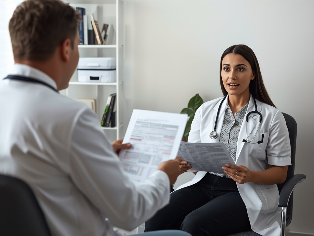 A doctor’s office scene, with a woman sitting across from