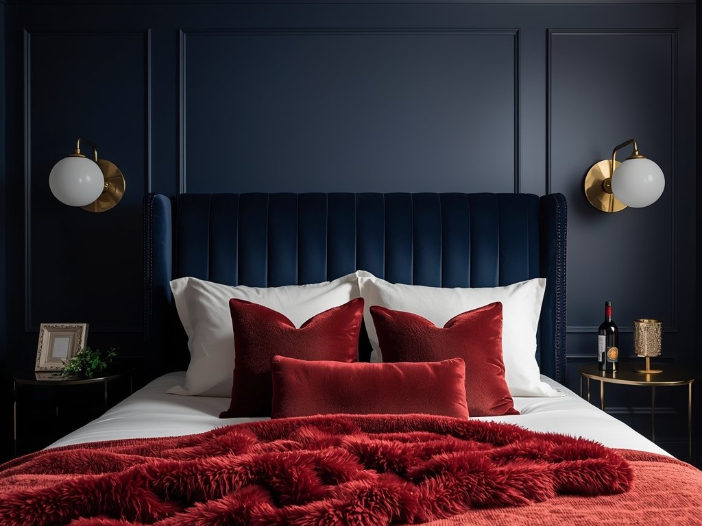 A dramatic bedroom with deep navy walls, brass accent lighting,