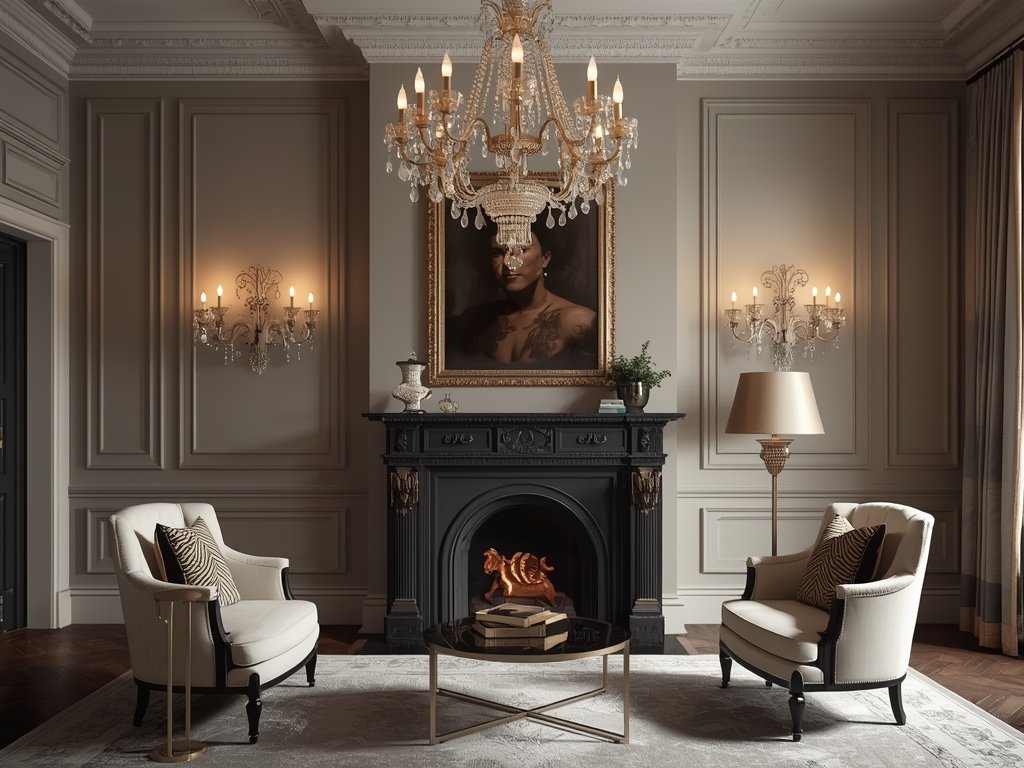 A dramatic living room scene with a grand chandelier as