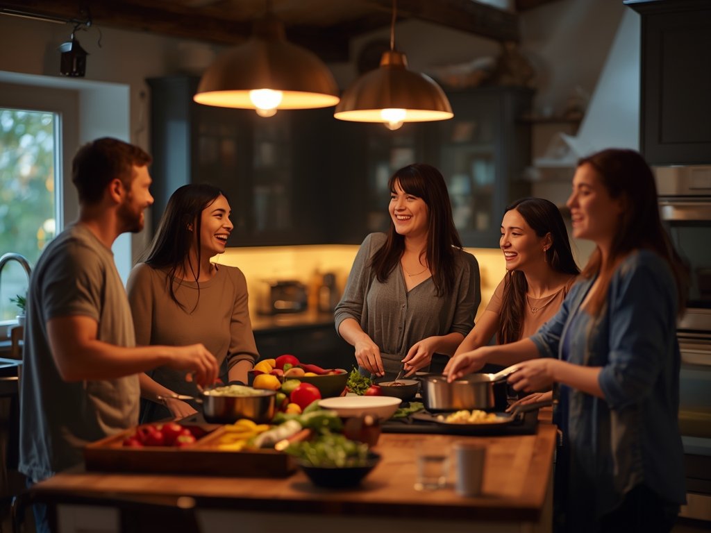 A family gathering in an open kitchen, laughing and cooking