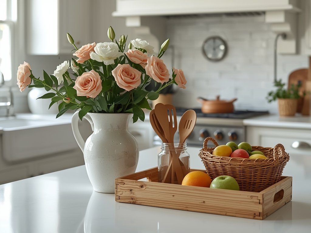 A farmhouse kitchen countertop with a ceramic vase of fresh