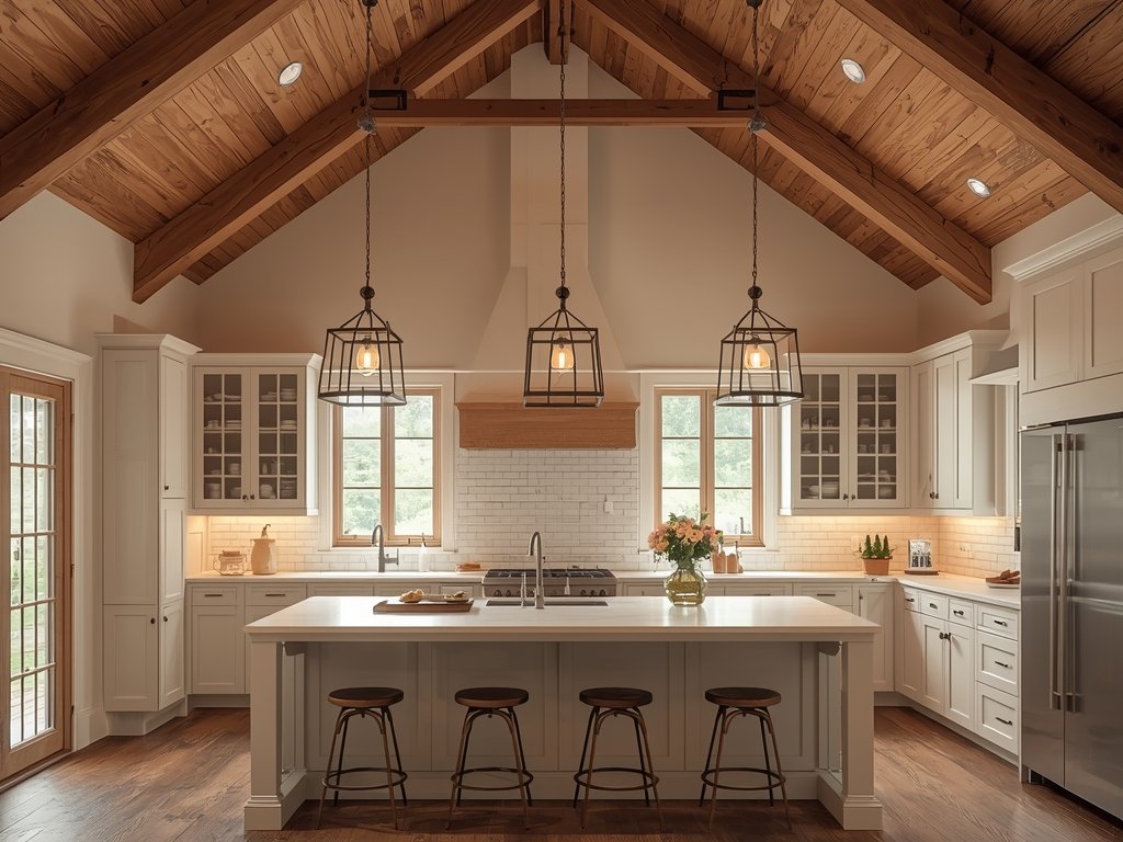 A farmhouse kitchen with a vaulted ceiling, exposed wooden beams,
