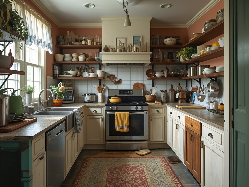 A farmhouse kitchen with mismatched decor, overly bright colors, and