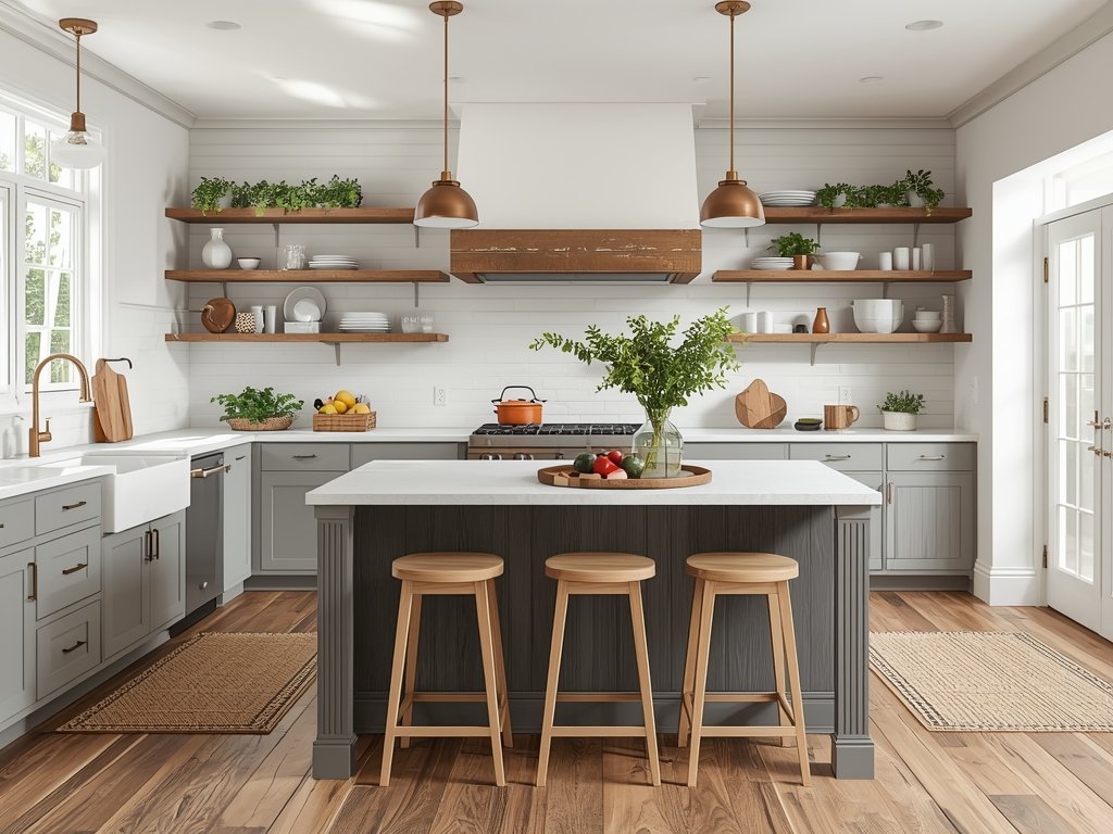 A farmhouse kitchen with soft white walls, gray lower cabinets,