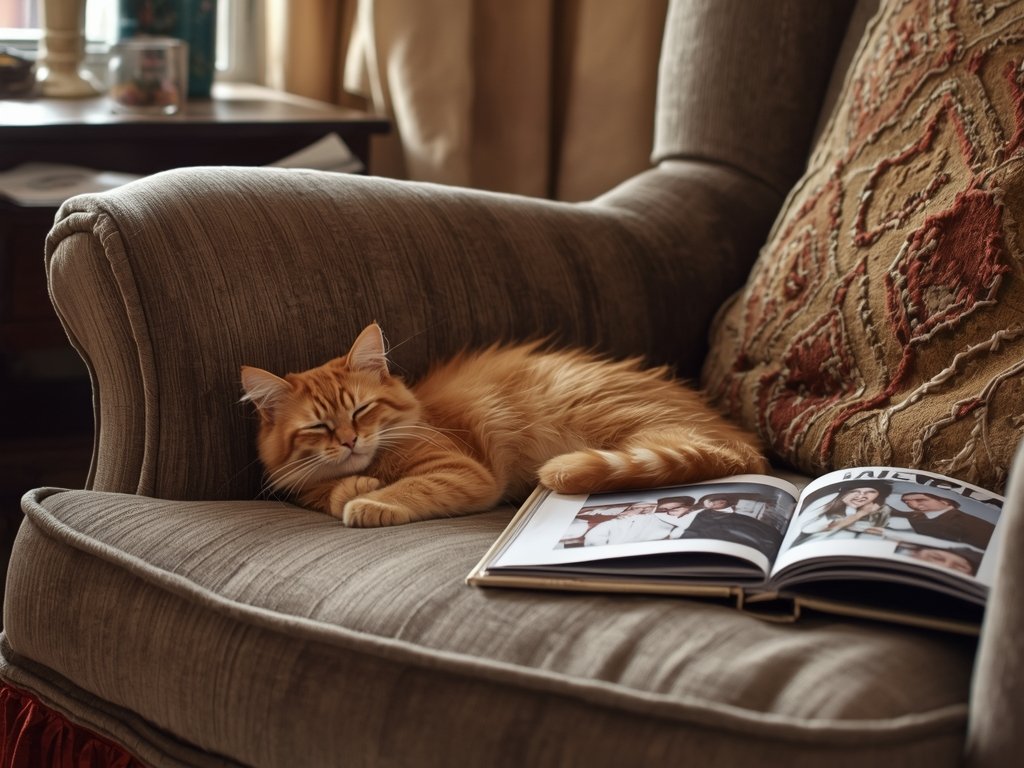 A fluffy orange cat named Whiskers sleeping on a worn-out