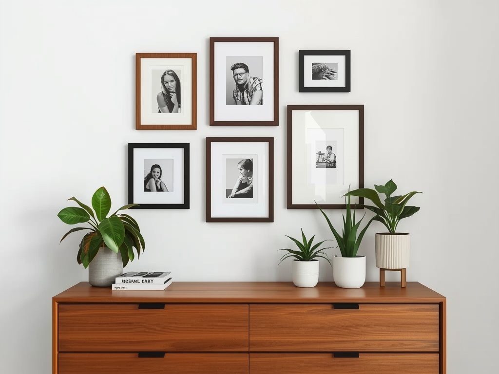 A gallery wall above a dresser featuring framed photos, artwork,