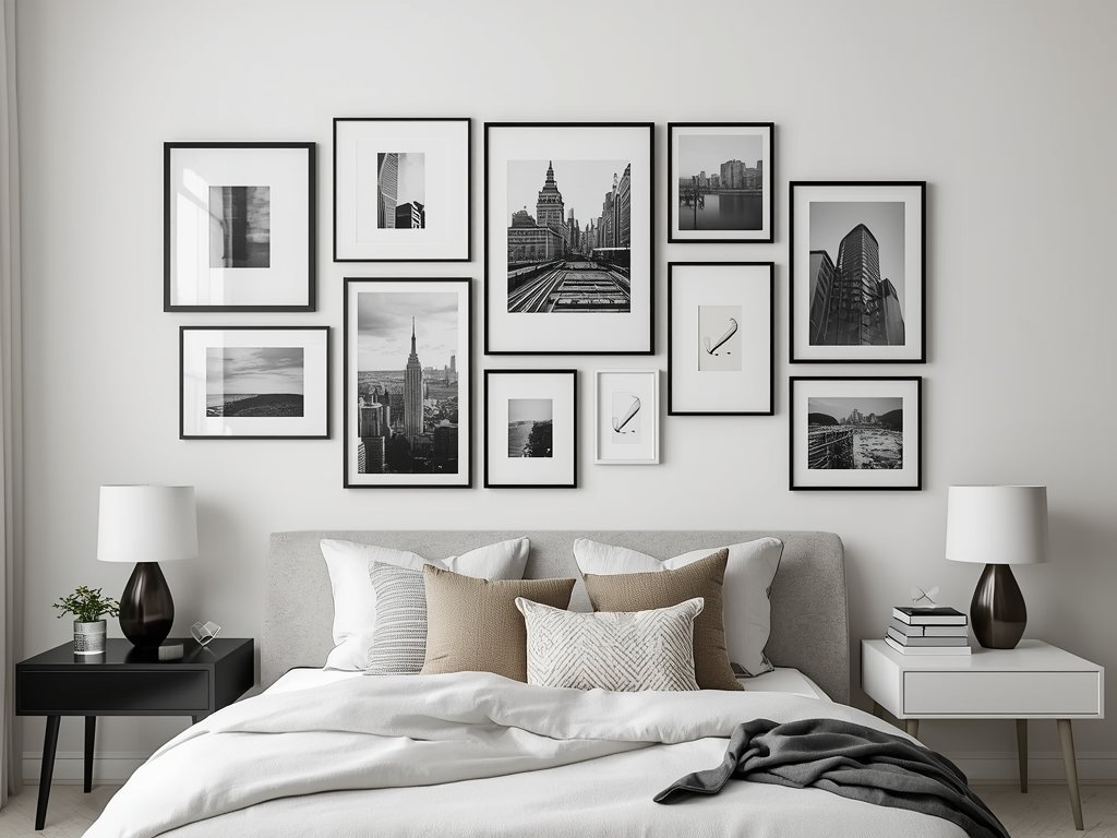 A gallery wall featuring a mix of framed photographs, paintings,