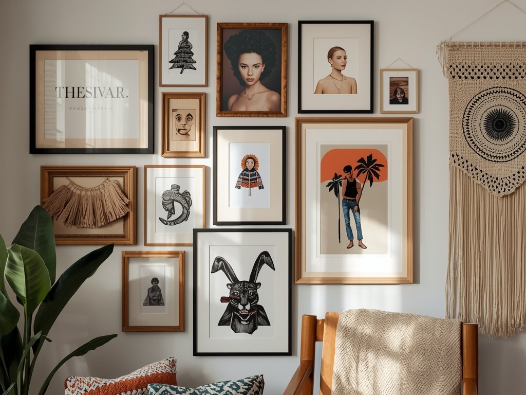 A gallery wall featuring a mix of thrifted frames, DIY
