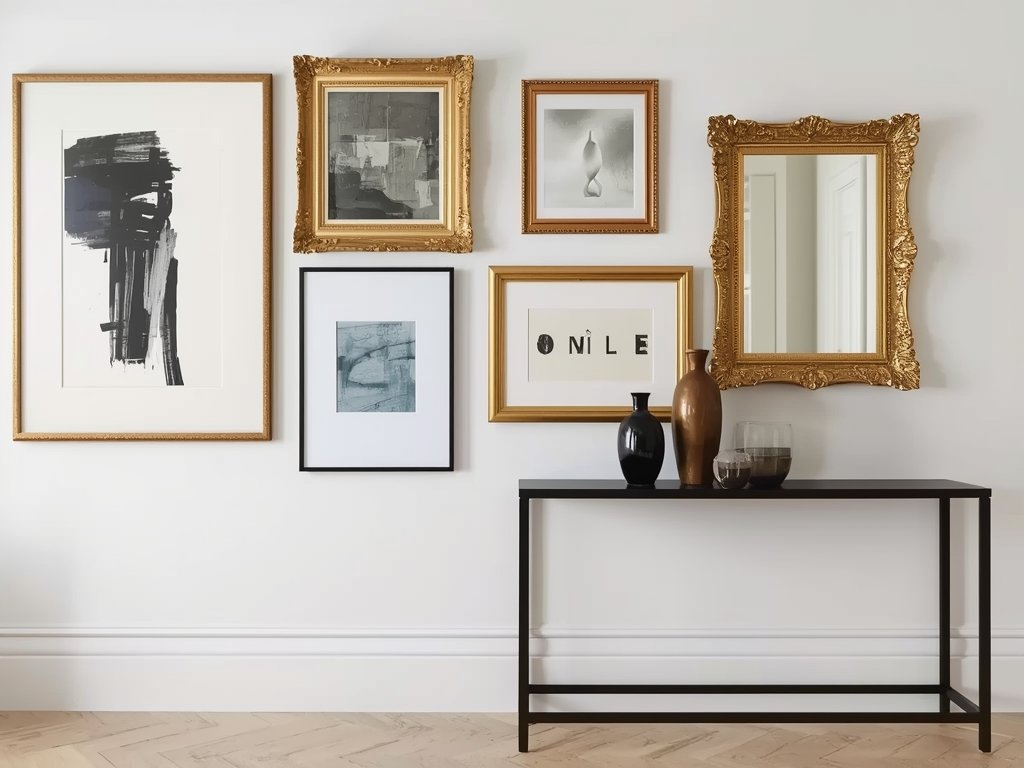 A gallery wall featuring abstract art, vintage mirrors, and gilded