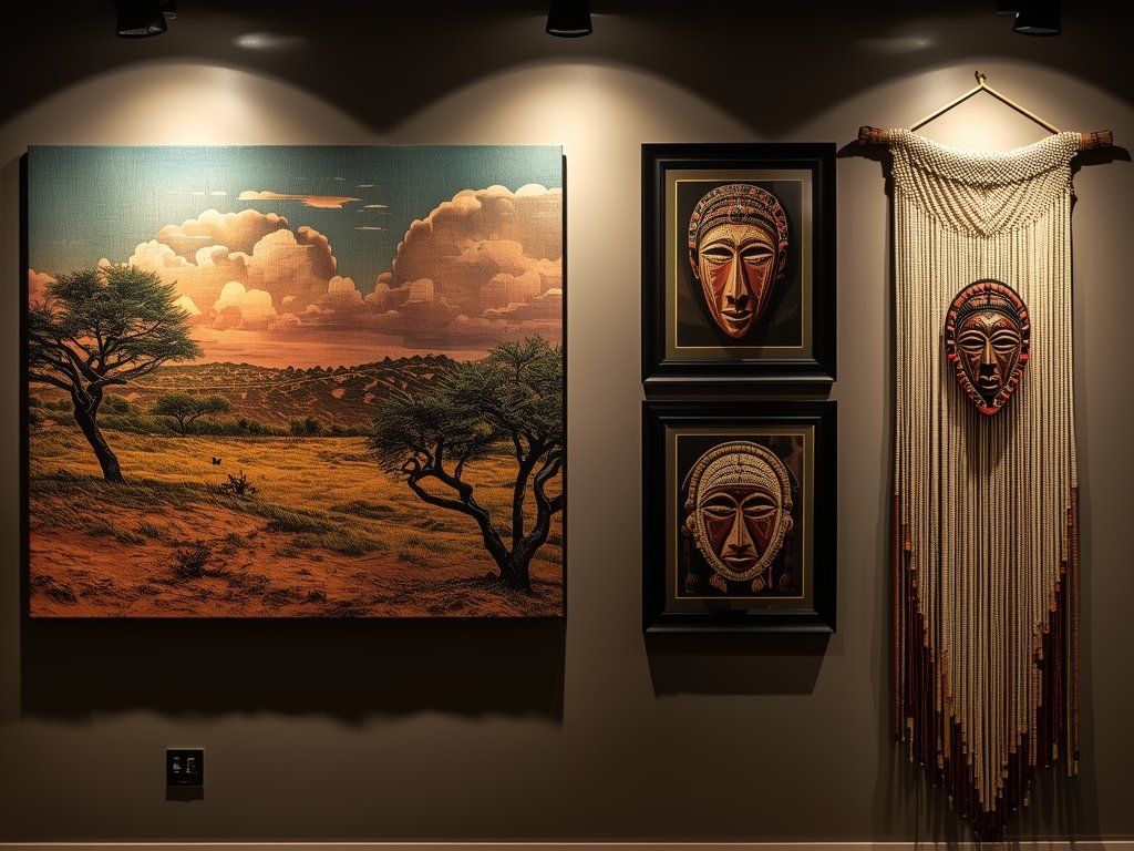 A gallery wall featuring Afro-Bohemian art: a large canvas with