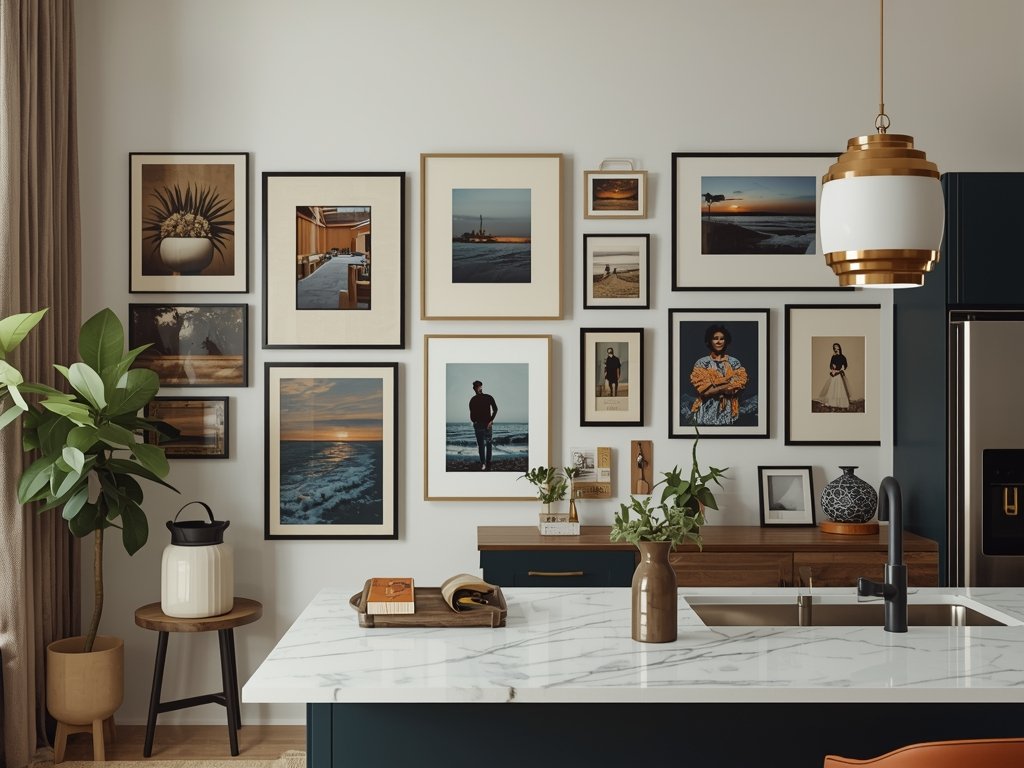 A gallery wall in a kitchen featuring a mix of