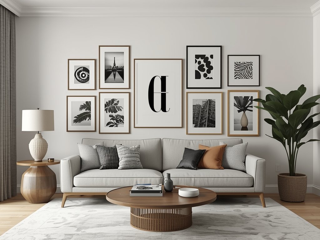 A gallery wall in a modern living room featuring a