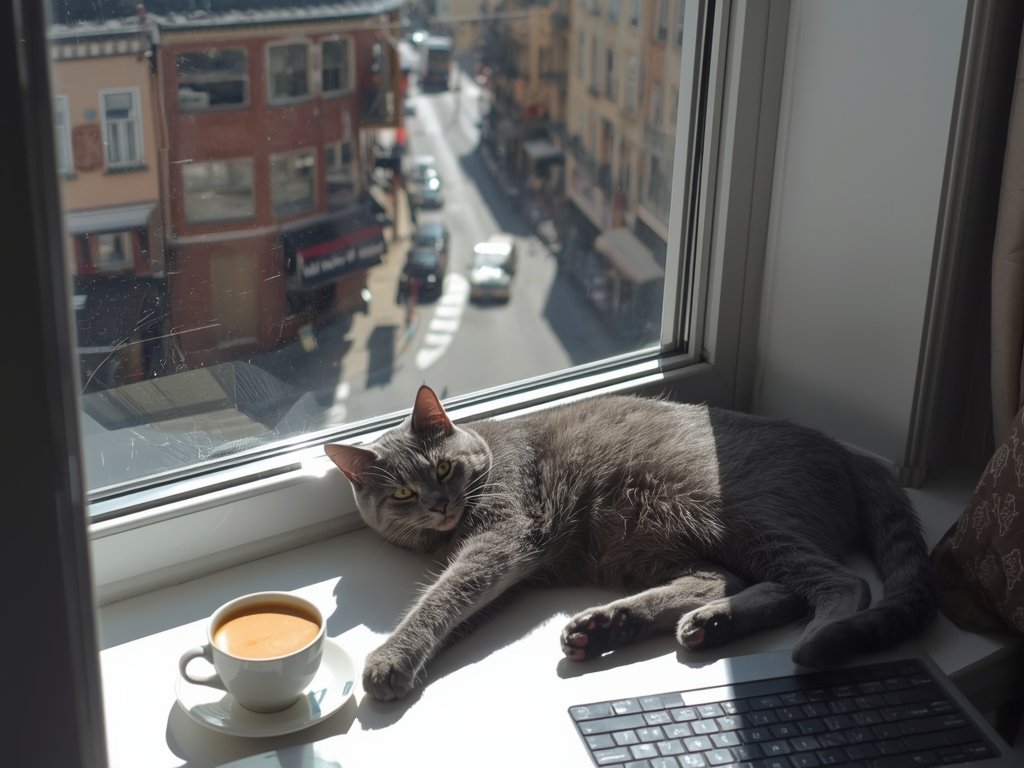 A gray cat lounging on a sunny windowsill, overlooking a