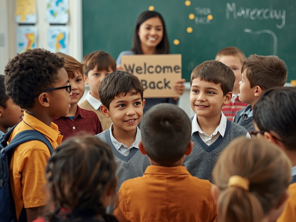 A group of curious schoolchildren gathered around Max, asking him