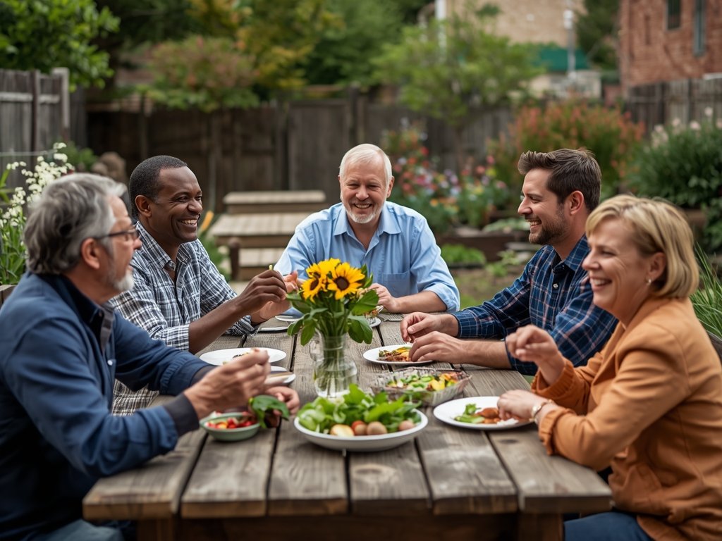 A group of diverse neighbors gathered around a table in