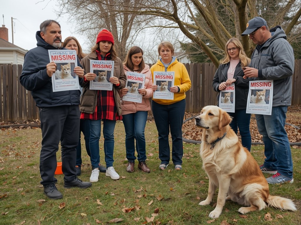 A group of neighbors gathered in a backyard, holding posters