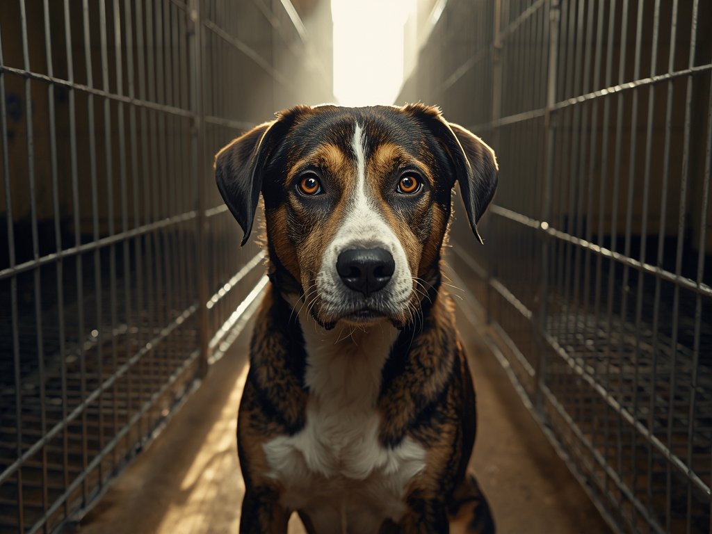 A heart-wrenching image of a medium-sized mixed-breed dog with sad,