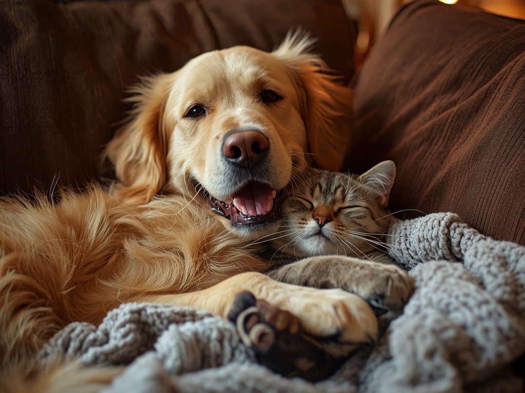 A heartwarming scene of a Golden Retriever and a cat